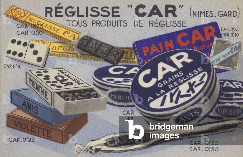 Assortment of Car liquorice sweets (colour litho) by French Artist