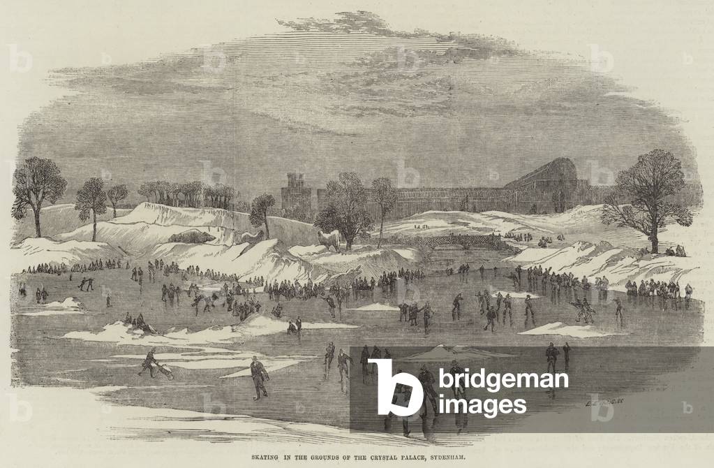 "Skating in the grounds of the Crystal Palace" 1855 von English School, b/w