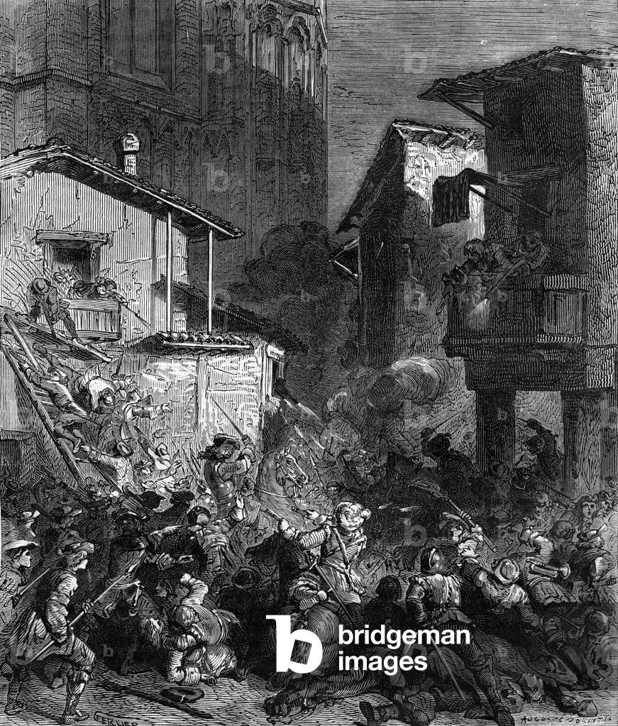 Image of Engraving depicting Battle of Cremone by French Artist, b/w