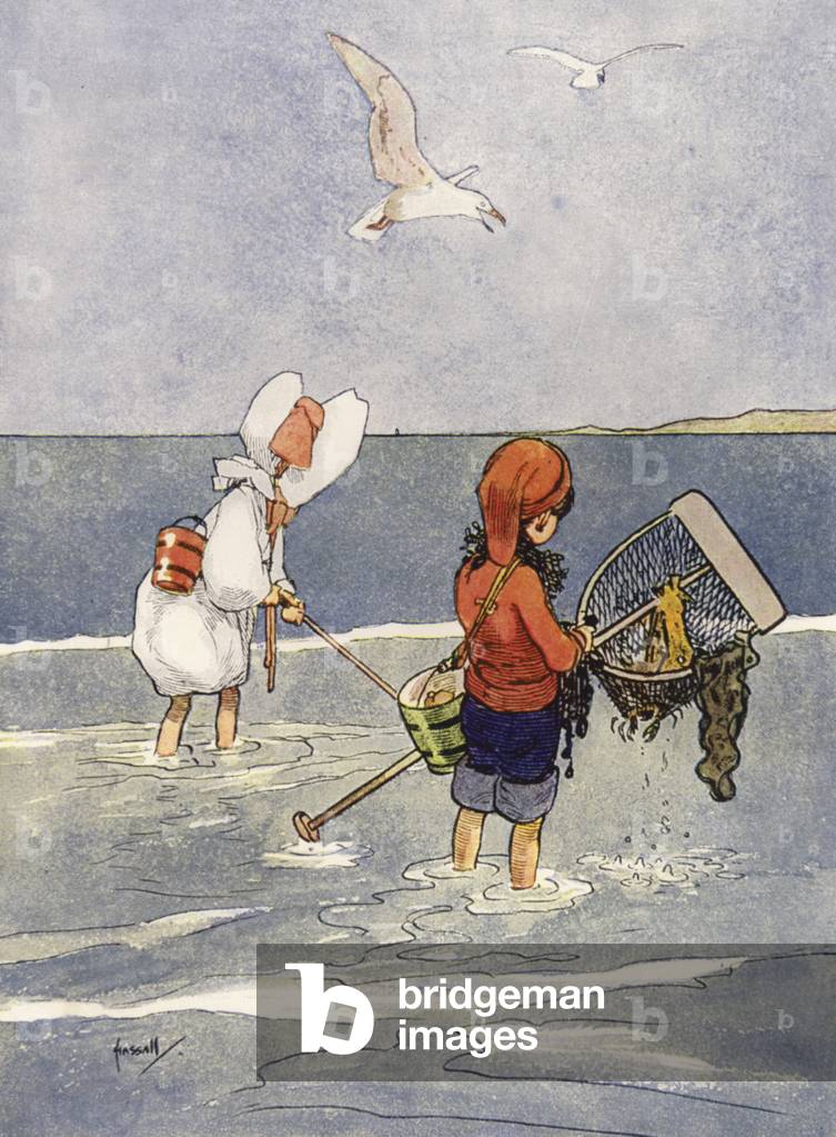 "Shrimping is good fun" (colour litho) by John Hassall