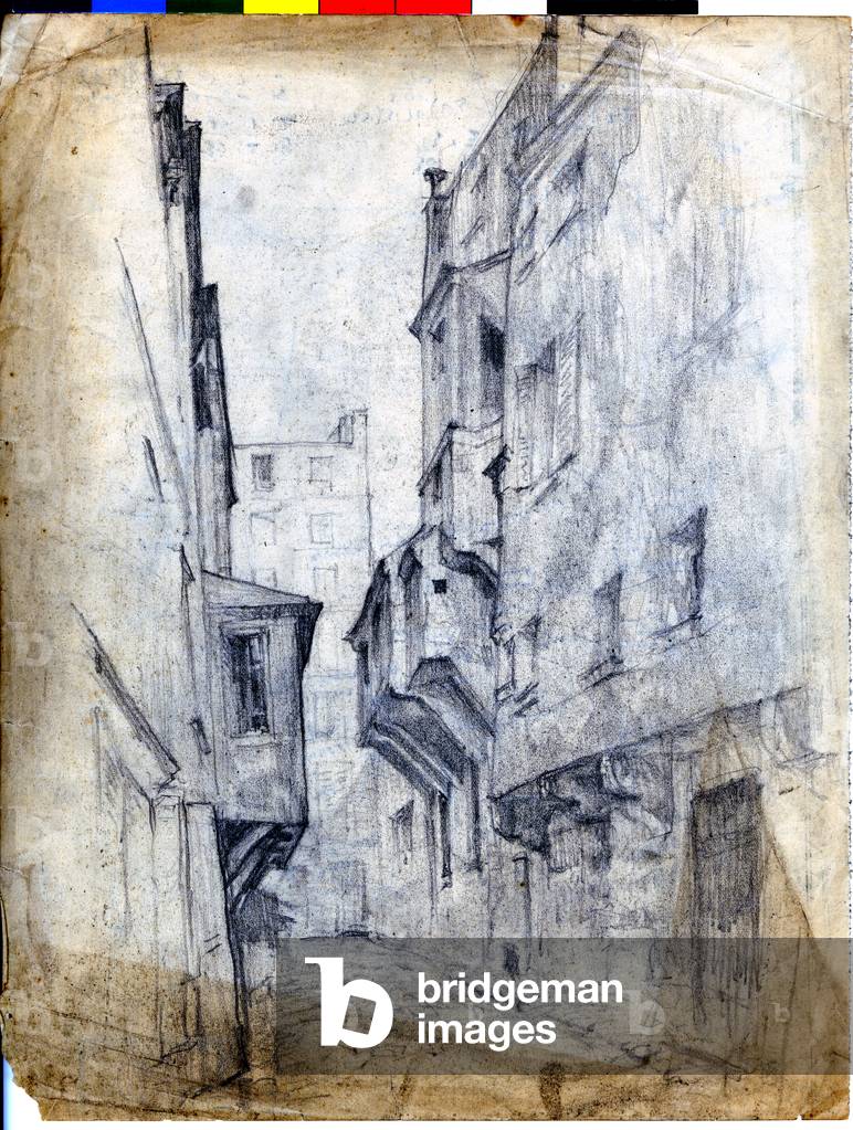 Scena di strada, con edifici sporgenti, 1919-30 circa (matita su carta)