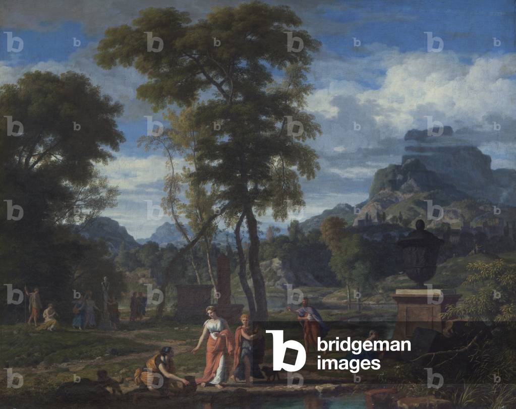 Classico paesaggio con greche fanciulle venerare una statua di pan tra tombe