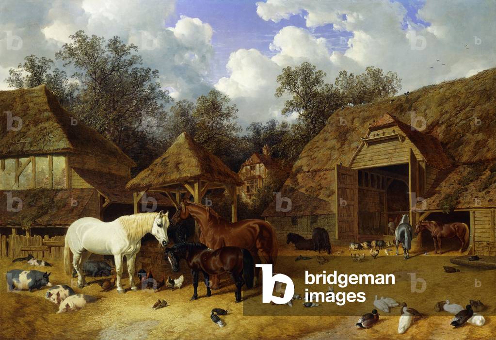 Der Artist's Farmyard in Meopham, Kent, mit pferden, Shetland Ponies, Schweine, Enten, Tauben und Hühner, 1857