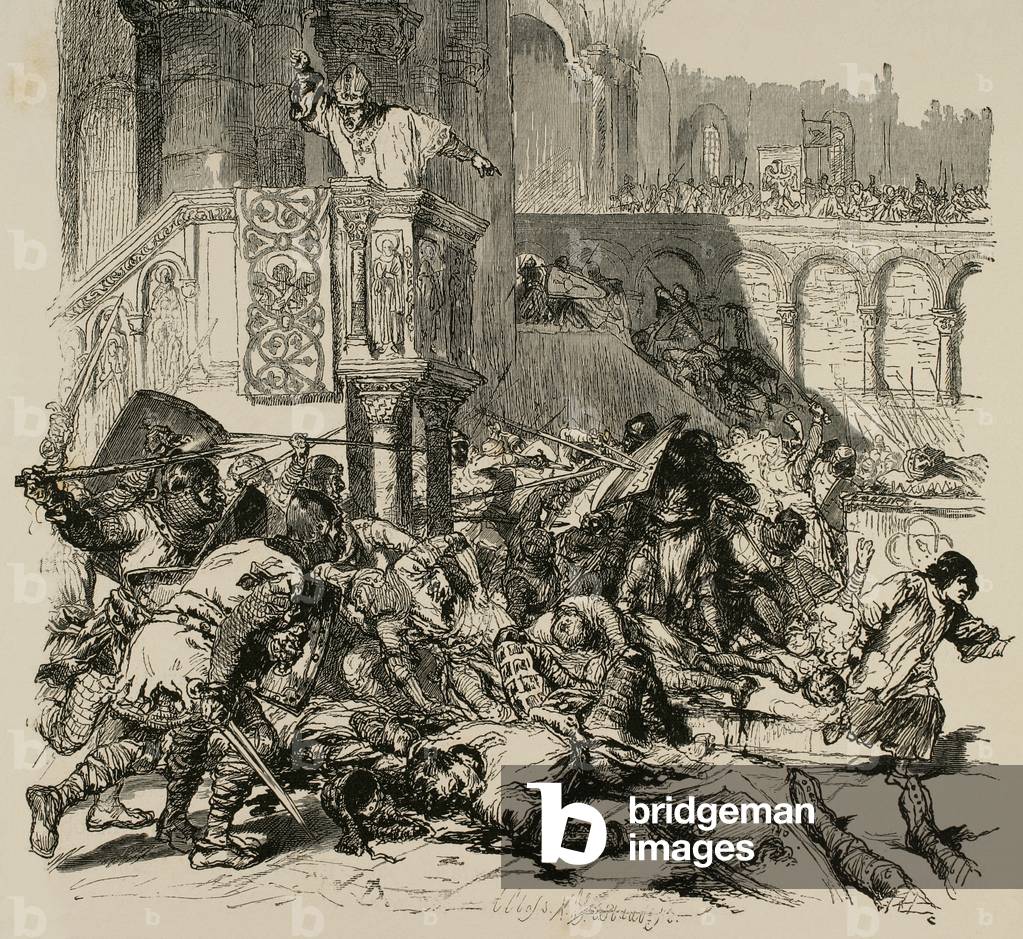 Hezel di Hildesheim (1025-1079) incitando i suoi sostenitori alla lotta. Inciso da A. Cross in Germania, 1882.