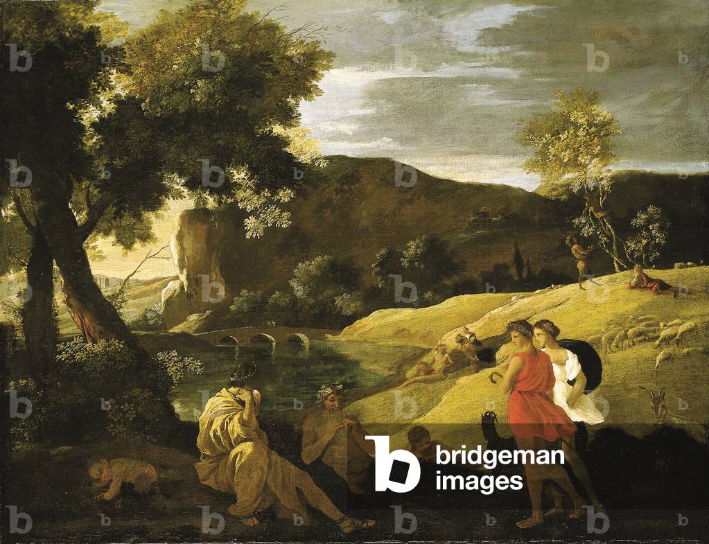 Un paesaggio arcadico con storie tratte dalle leggende di Pan e Bacco (olio su tela)