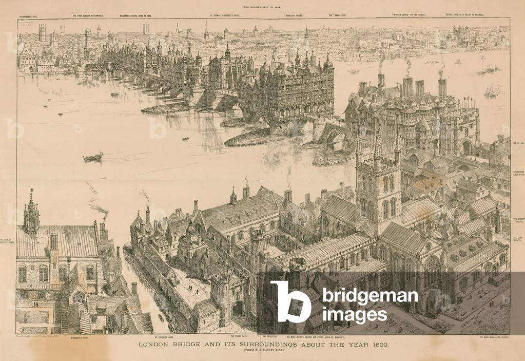 London Bridge et ses environs vers l'an 1600 (gravure) par Henry William Brewer, b/w