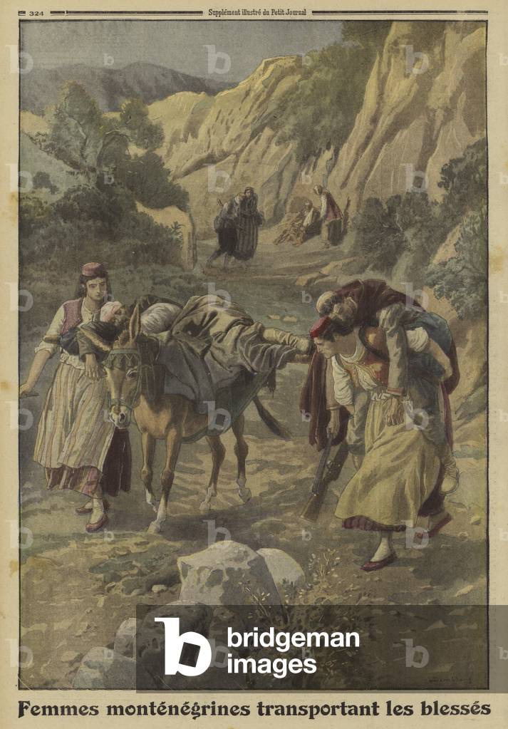 Montenegrin women transporting wounded soldiers by Eugene Damblans