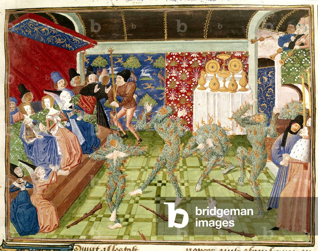 "(Miniatura) Re Carlo VI di Francia e i suoi cavalieri mascherati da selvaggi; con parte di bordo decorato"