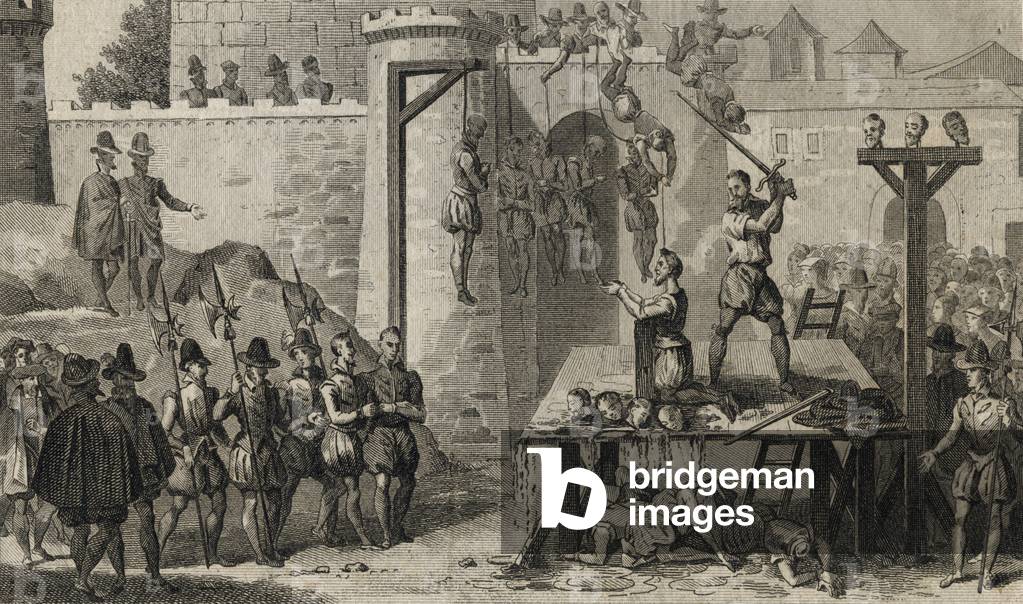 Bild von Gravur "Hinrichtung von Protestanten während der spanischen römisch-katholischen Herrschaft in den Ni
