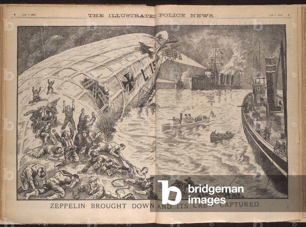 Image of Zeppelin brought down and its crew captured'. A Zeppelin is