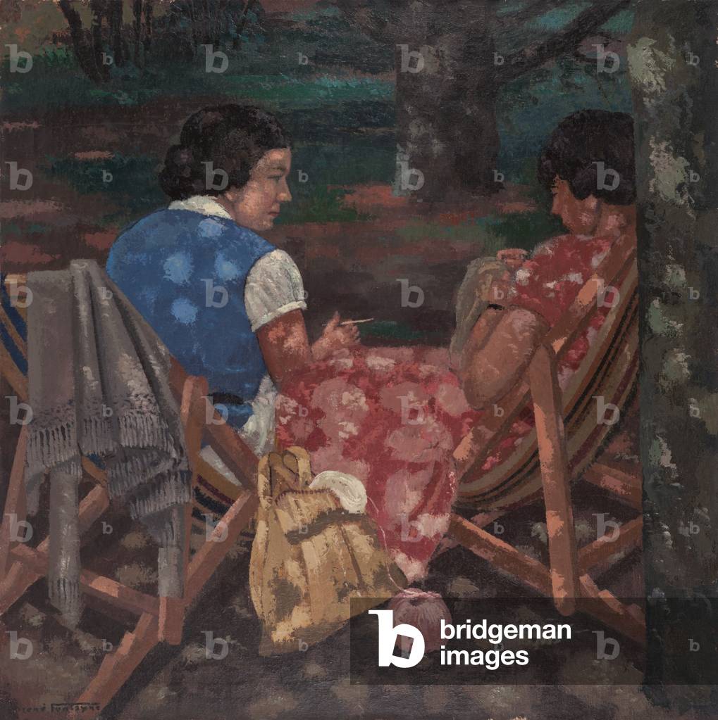 Knitting Women in the Garden, 1934 (oil on hessian)