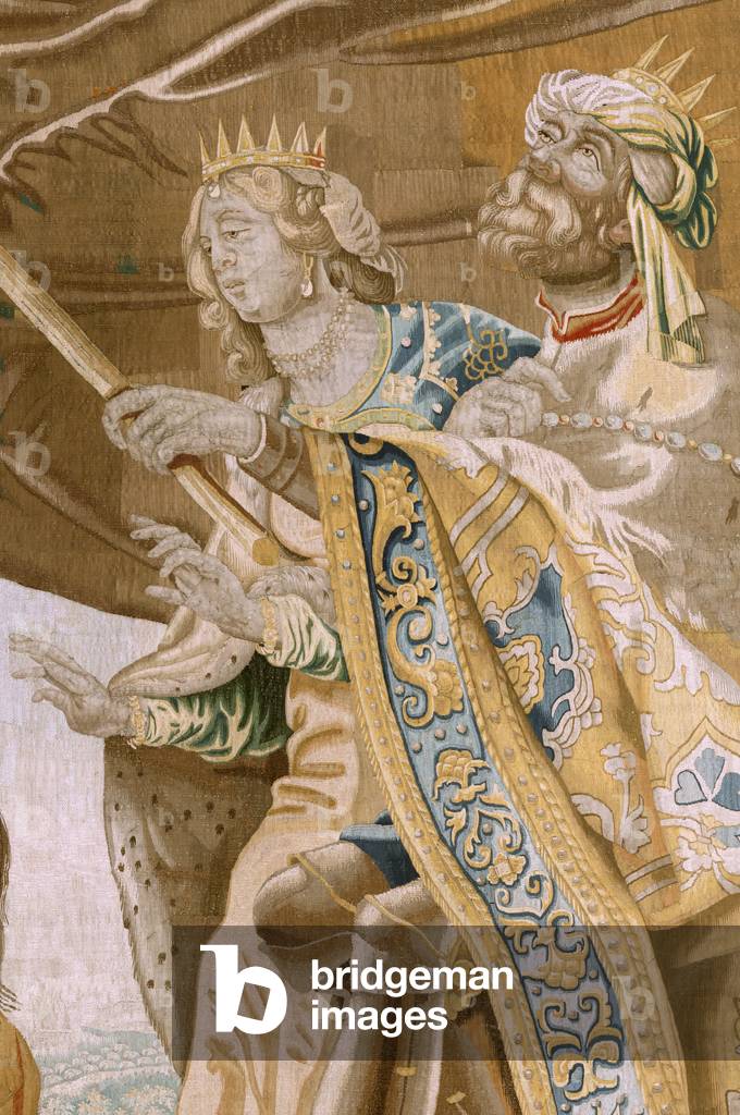 arazzo fiammingo. Serie Story of Theseus. Teseo presenta la testa del Minotauro al Re e alla Regina di Creta (