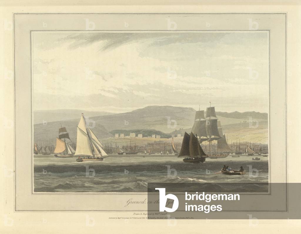 Greenock sul fiume Clyde. La costa e il paesaggio della Gran Bretagna. Disegnato e inciso da William Daniell.