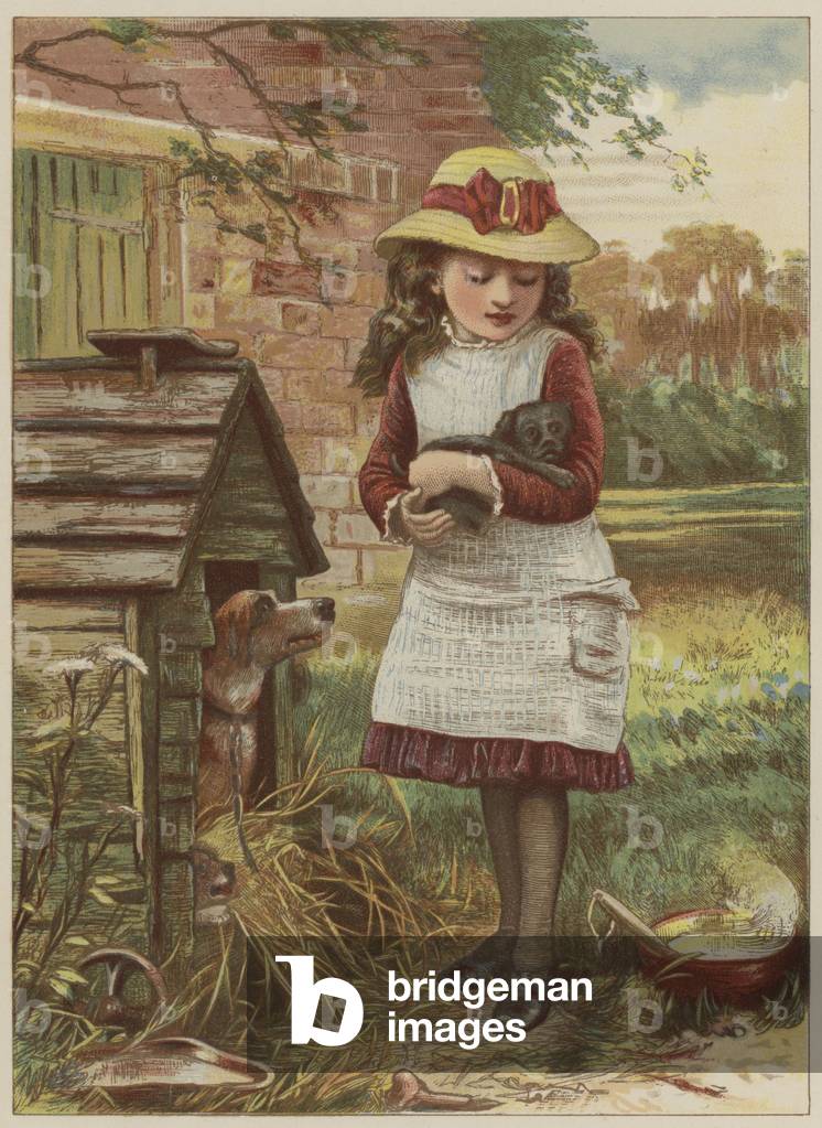 Mädchen mit Welpen (chromolitho)