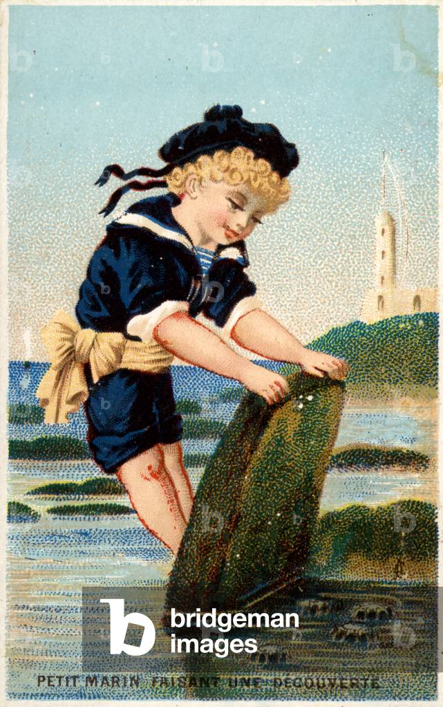 Ragazzo cercando sotto pietra su spiaggia (chromolitho)