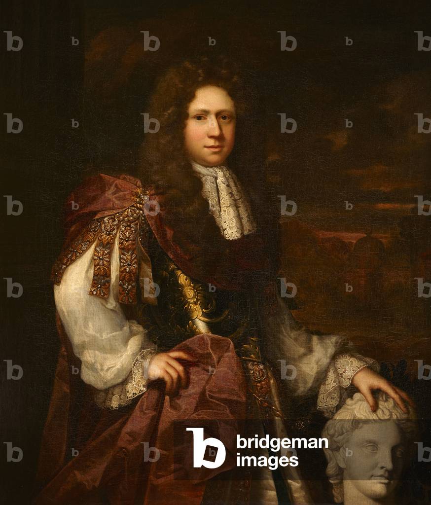 Bild von Gemälde "Ein unbekannter Mann mit seiner Hand auf einer klassischen Büste" 1700 von Irish School, b/w