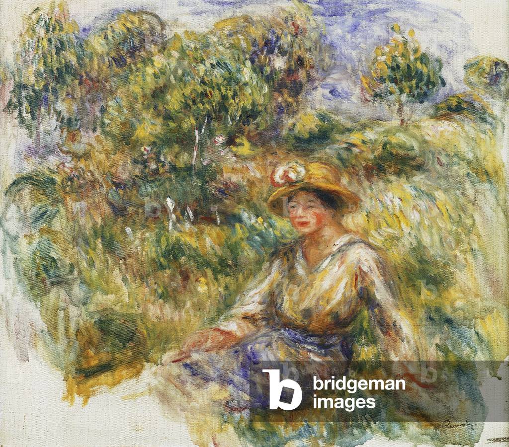 Bild von Gemälde "frau in ein blau hut sitzend auf dem gras; Femme en Bleu en Chapeau assise Sur l'Herbe", c.1