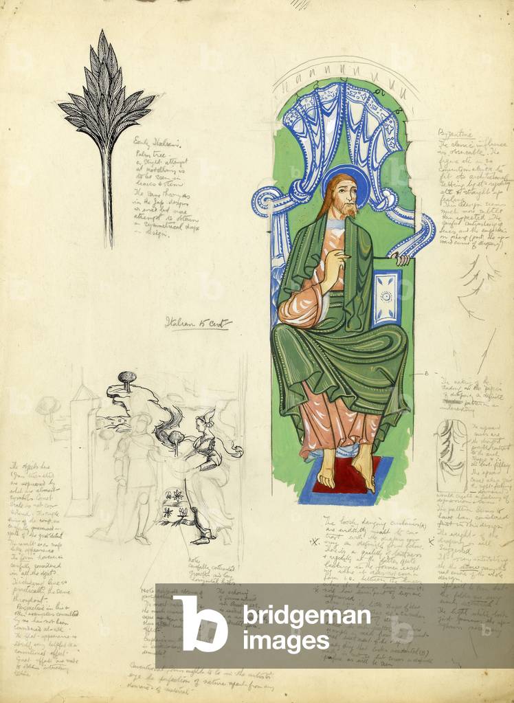 Sheet of studies of an illuminated manuscript (pencil, pen & ink with gouache on paper)
