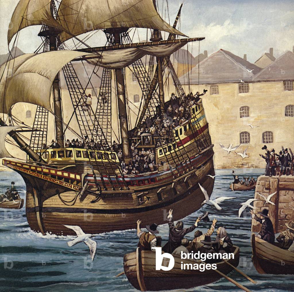 Westward Ho!  La Mayflower lascia Plymouth Ho il 16 settembre 1620 (litografia a colori)