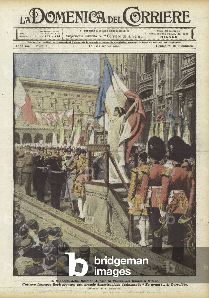 "Beim Konzert der Alliierten Musik auf der Piazza del Duomo in Mailand (Farblitho)" von Achille Beltrame