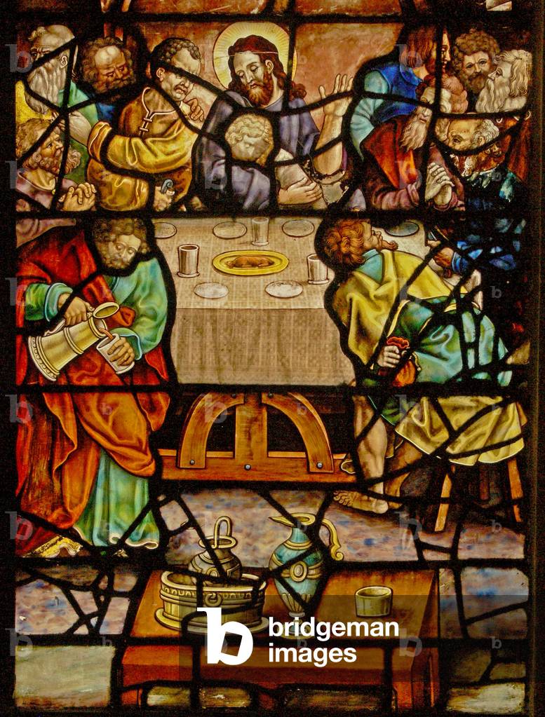 Fenster in der Charnier (w.12), das das letzte Abendmahl darstellt (Buntglas)