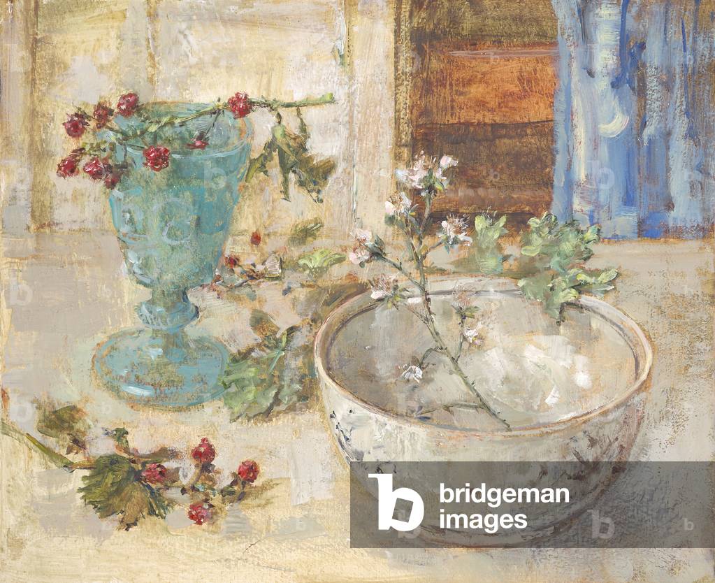 Opalglas und Brombeeren, 2016 (Öl auf Holz)