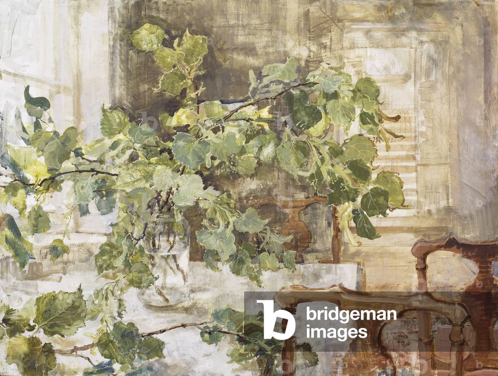 Trois chaises et feuilles de tilleul, 2004 Huile et (détrempe sur panneau)