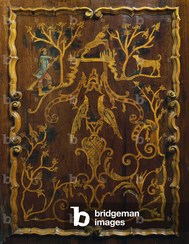Image of Rococo style wood linen cupboard with polychrome inlays and ...