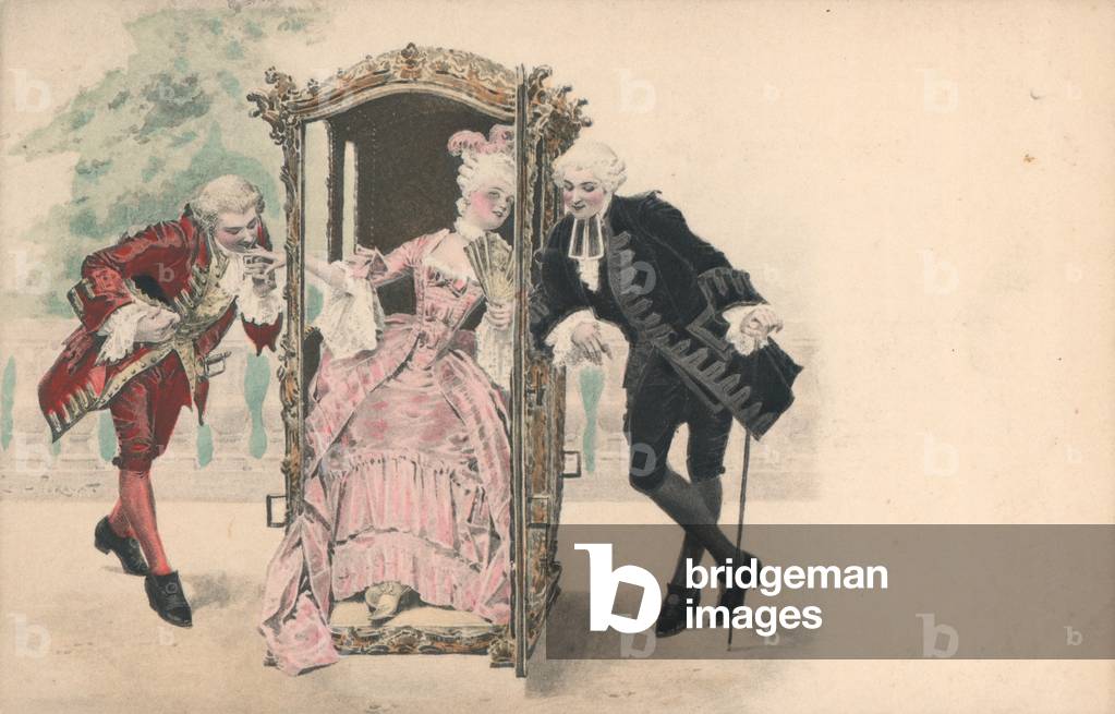 Lady in sedan chair by French Artist