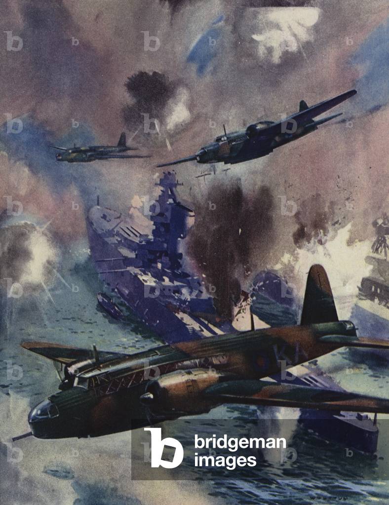 Wellington-Bomber greifen den deutschen Marinestützpunkt in Kiel an, 1939 (Farblitho)