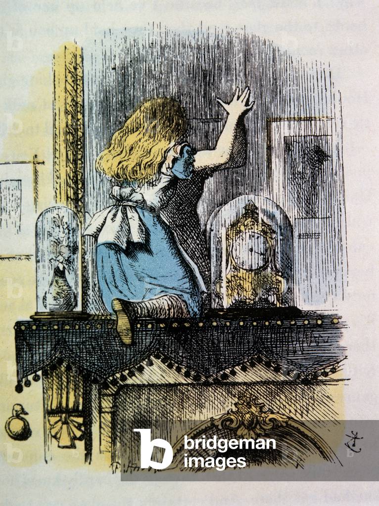 La casa dello specchio, Attraverso lo specchio di Lewis Carroll, illustrazione colorata a mano, circa 1872