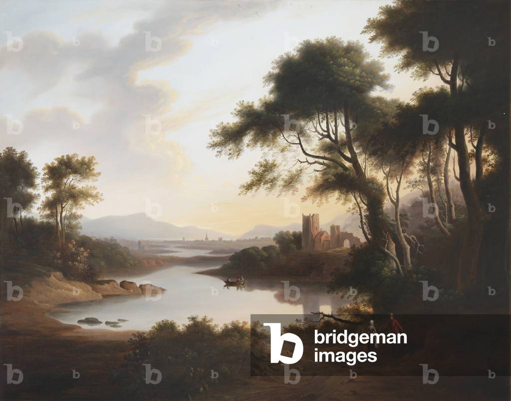 Paesaggio fluviale con figure sulle rive, un castello e una città al di là