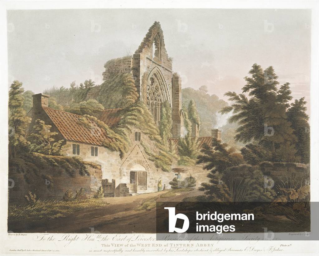 "West End della Tintern Abbey. Un'abbazia rovinata da una fattoria; una donna e un bambino davanti; un uomo ch