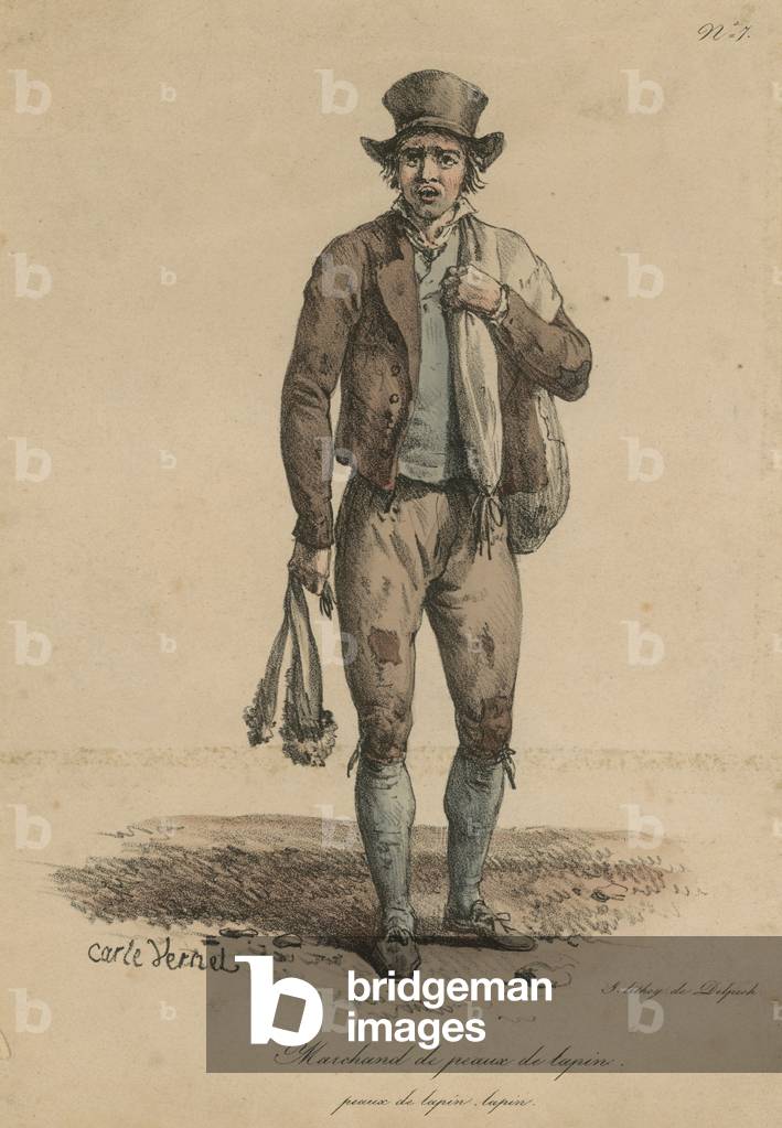 Bild von Gravur "Marchand de peaux de lapin (farbige Gravur)" von Carle Vernet, b/w