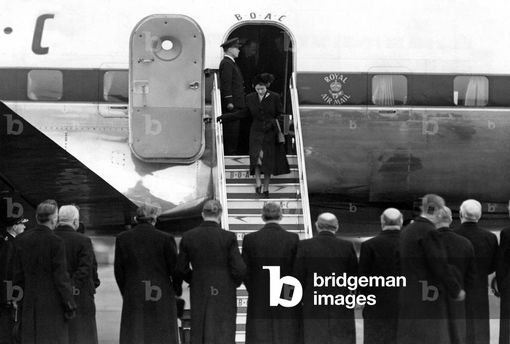 Queen Elizabeth II, Princess Elizabeth steps from her plane at London
