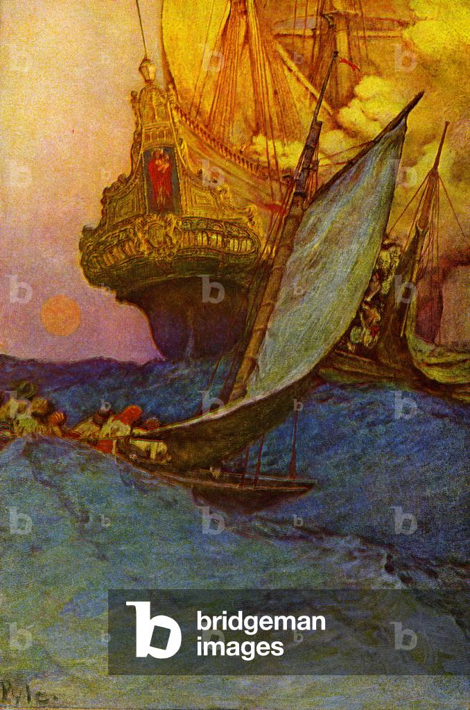 "Attacco pirata su un galeone" di Howard Pyle