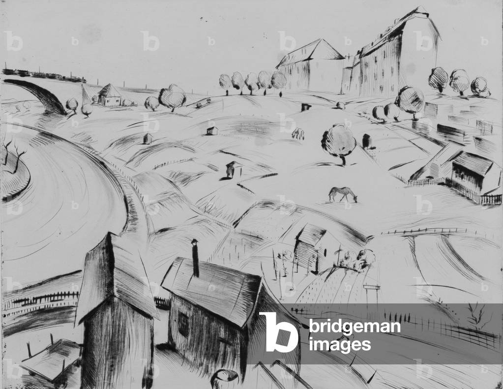 Image of Engraving depicting Outskirts and Factory 1925 by Georg Mayer-Marton, b/w