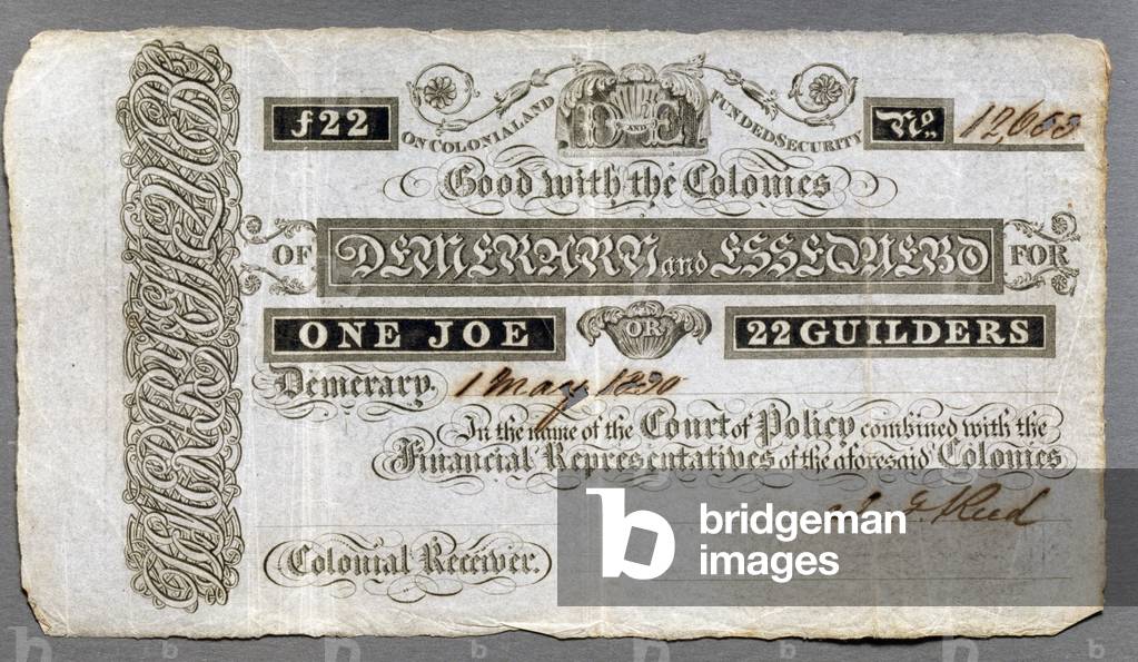 Image of 1 joe o 22 guilders banknote, 1830, British Guiana, 19th
