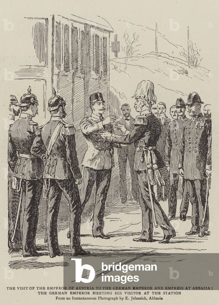 "Besuch des Kaisers von Österreich beim deutschen Kaiser und Kaiserin in Abbazia (Gravur)" von English School,