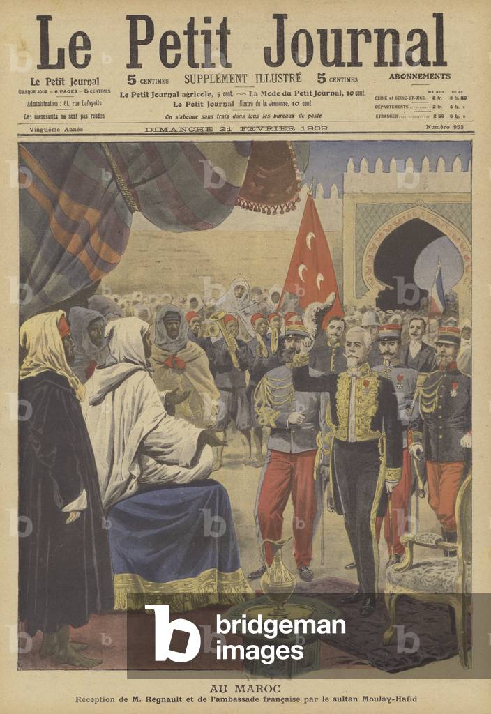Eugene Regnault and the French embassy being received by Sultan Abdelhafid of Morocco (colour litho) by French