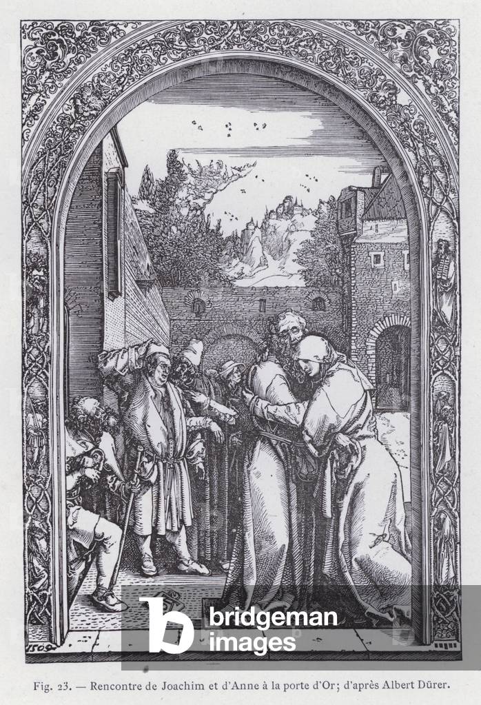Rencontre de Joachim et d'Anne a la porte d'Or; d'apres Albert Durer (incisione)