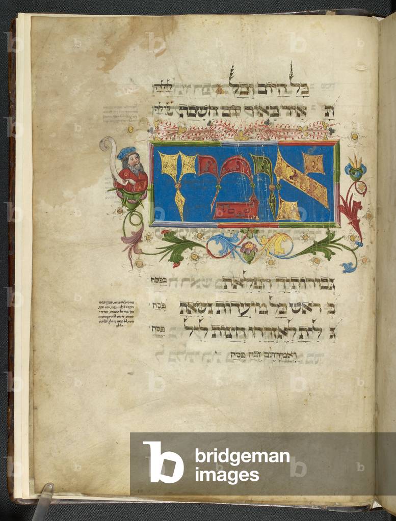 Additional 14762 f.45r, Inizio di un poema liturgico per la Pasqua, tavola decorata e uomo barbuto con stemma 