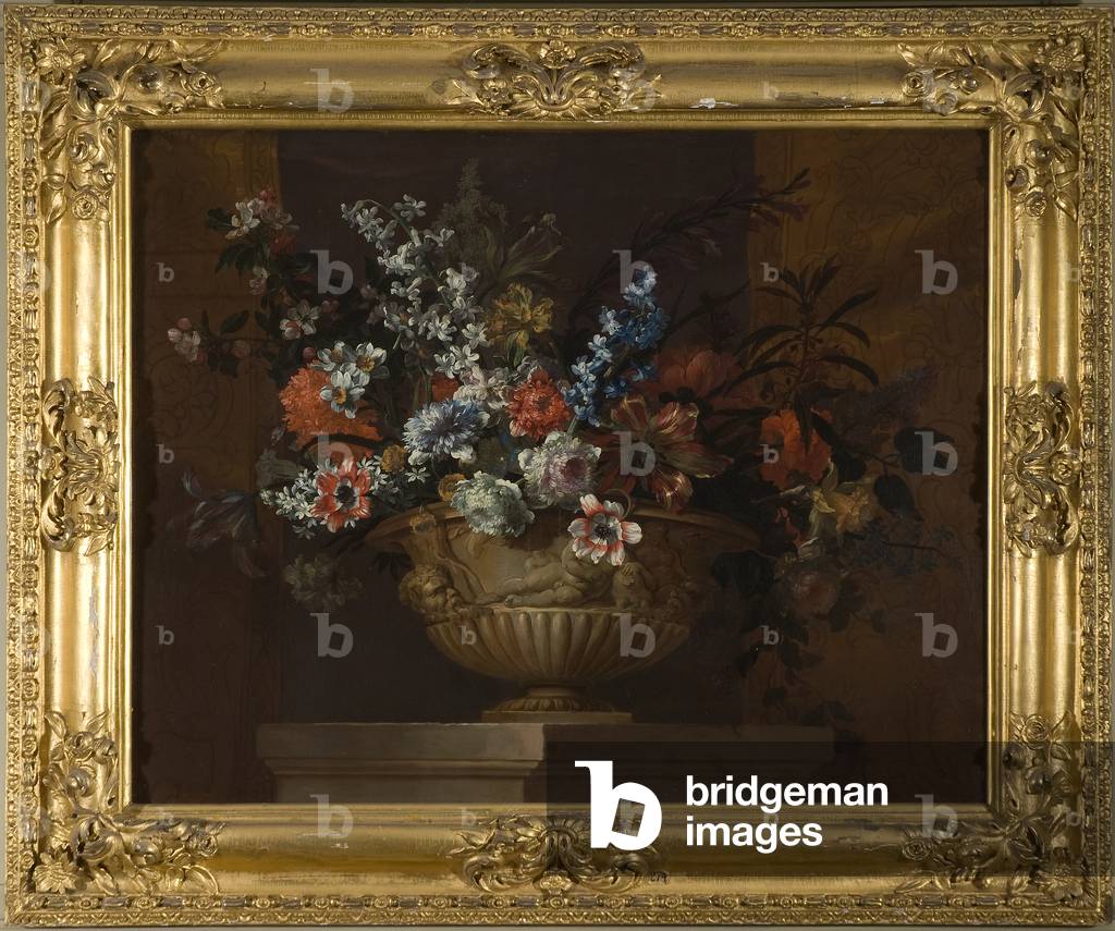 Immagine di Dipinto "Fiori in una ciotola scolpita su un piedistallo in pietra (olio su tela)" 1601 di Jean-Ba