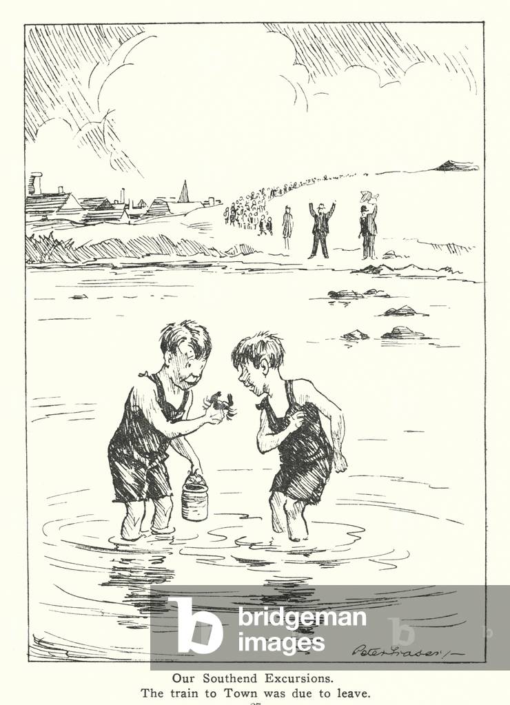 Image of Print depicting Two boys from the East End playing in the sea on a day trip to Southend (litho) 1901 