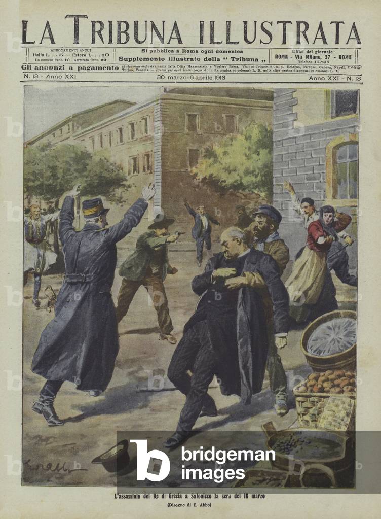 Assassination of King George I of Greece in Salonica (colour litho)