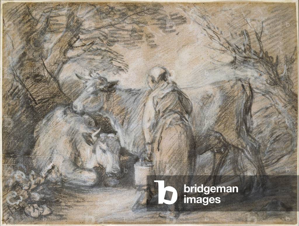 Milkmaid with two cows (black chalk and stump heightened with white by Thomas Gainsborough