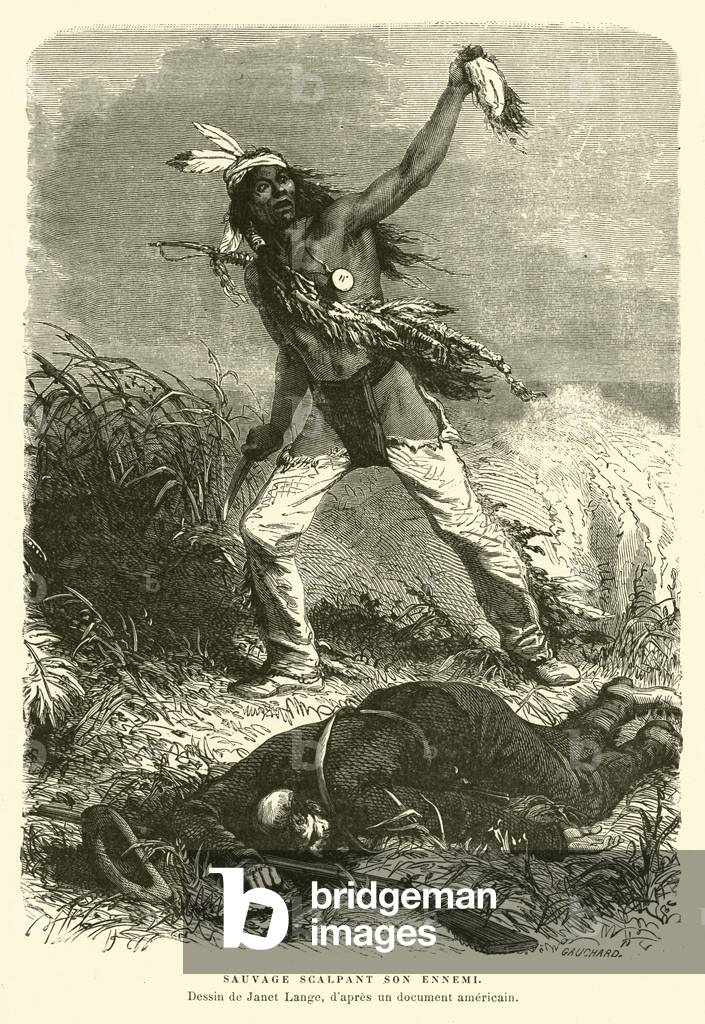 Native American holding up the scalp of his enemy (engraving)