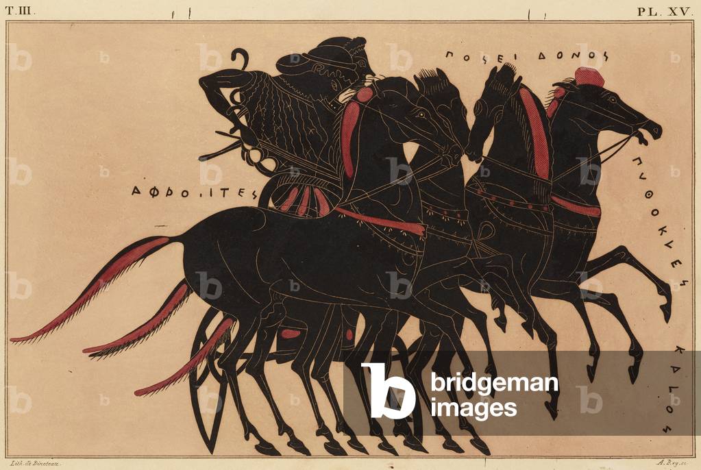 Druck der Dekoration auf einer griechischen Amphore, zeigt Aphrodite, die Poseidon auf einem Wagen fährt, um 1