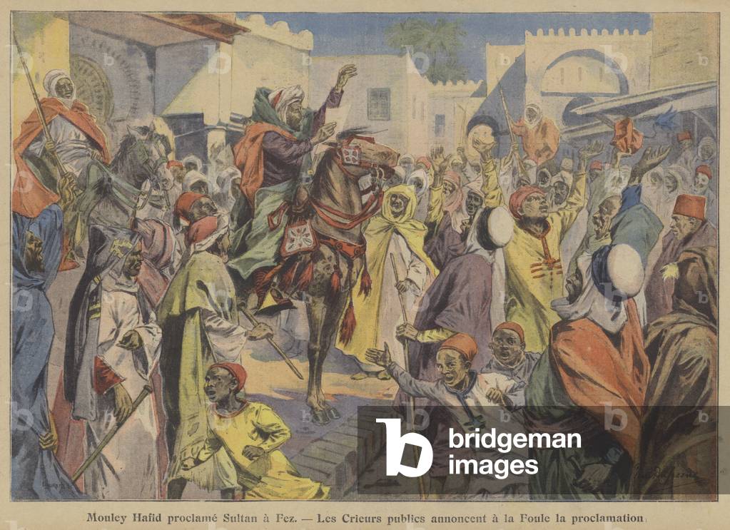 "Proclamazione di Abdelhafid come sultano del Marocco a Fez (colore lito)" di Paul Dufresne