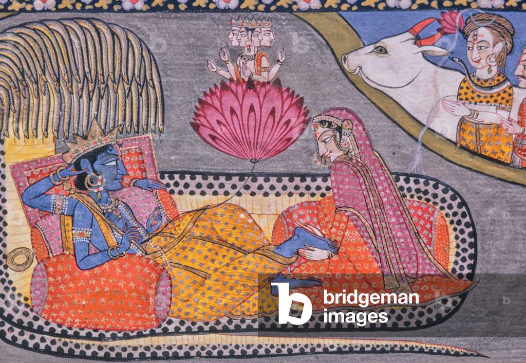 Vishnu on Shesha, Geburt von Brahma, Miniaturmalerei, Indien, 1971
